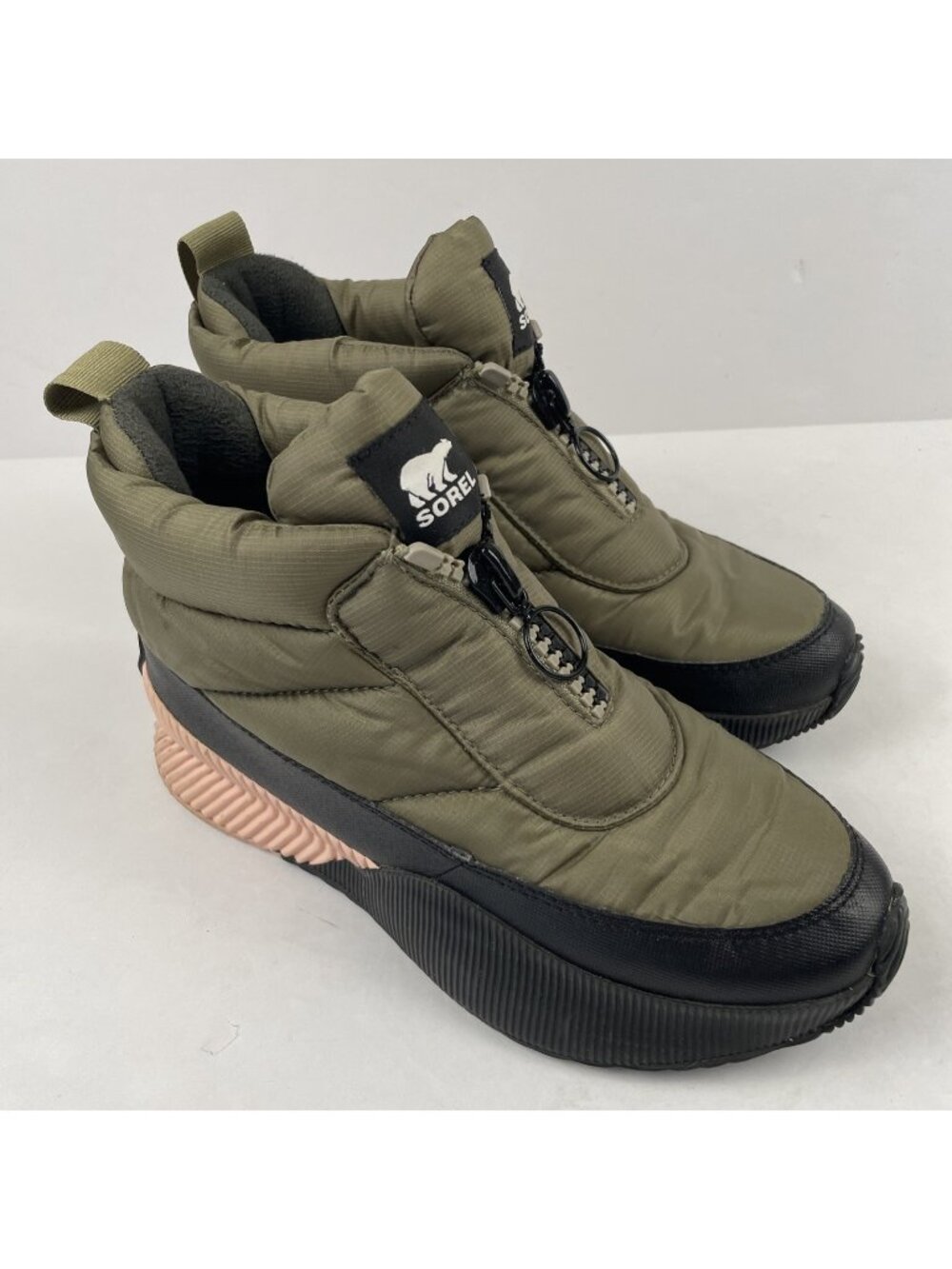 SOREL Out N About III Puffy Boots Women’s 8 Front Zip Waterproof Insulated Sage